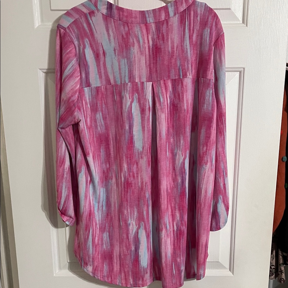 Brushstroke Pink & Light Blue V-Neck Tunic Blouse - Picture 4 of 4